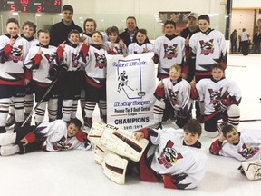 The Vulcan peewee Hawks pose for a photo after winning the Central Alberta Hockey League’s Tier 5 South banner. Submitted photo