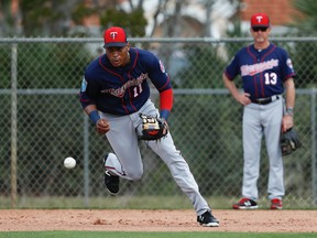 In this Feb. 21, 2018, file photo, Minnesota Twins shortstop Jorge Polanco (11) practices a drill during baseball spring training in Fort Myers, Fla. Polanco has been suspended 80 games after testing positive for a performance-enhancing substance. The commissioner's office announced the penalty Sunday, March 18. Polanco tested positive for Stanozolol. (AP Photo/John Minchillo, File)