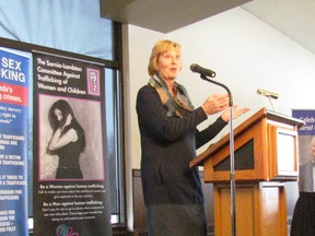 Laurie Scott, MPP for Haliburton-Kawartha Lakes-Brock, speaks at a human trafficking forum hosted March 15 at the Sarnia Golf and Curling Club by Sarnia-Lambton MPP Bob Bailey. Representatives of several police and community agencies took part.
Paul Morden/Postmedia Network