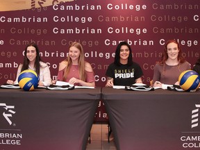 Cambrian College signed 15 student athletes to its various varsity teams on Monday, June 19, 2017. Signing for the women's volleyball team with coach Dale Beausoleil are from left, Isabelle Rivest, Teagan Langis, Jade Gauthier, Brooke Whitteker and Myyayla Beeson. Gino Donato/Sudbury Star/Postmedia Network