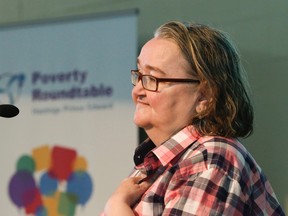Luke Hendry/The Intelligencer
Loretta Tweed tells her story of living in poverty during the unveiling of a new Poverty Roundtable report Tuesday at Maranatha Church in Belleville. She described a daily struggle to exist on a small provincial disability benefit.