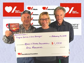 Submitted photo
Eugine Deline (left) first contacted the Heart and Stroke Foundation in 2015 with the idea of producing a CD of his songs and donating the proceeds back for heart disease and stroke research. Deline recognizes the importance of medical advancements, as his father had five heart attacks before he passed away. Eric Baragar (right) produced Deline’s CD entitled, “Moving to a Brand New Day,” raising $1,000 for the Heart and Stroke Foundation. Sandra Barnes (centre), the Belleville area co-ordinator for Heart and Stroke, accepted the cheque. Together with the Heart and Stroke Foundation, Canadians are moving to a brand new day. Each year, Canadians suffer 70,000 heart attacks and 40,000 cardiac arrests. This is why Heart & Stroke is making more Canadians aware of the early signs of heart attack, preparing them to act right away and be ready to respond to a cardiac arrest with CPR, through greater awareness and training. We are also committed to creating more moments for the 1.3 million Canadians living with heart disease, by helping survivors and their care partners achieve the best recovery and quality of life possible, as well as to prevent future events.