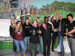 SWAC's special guest Ian Keteku, center, along with the SWAC students and Head Instructor Sean Mattys express themselves during their poetry slam event this past month. (Chris Funston/Woodstock Sentinel-Review)