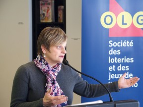 Marcelline Riddell, OLG's senior manager of municipal and community relations, makes a point at a Ontario Lottery and Gaming Corporation (OLG) cheque presentation to the City of Greater Sudbury on Wednesday. The city received nearly $2.2 million from revenues generated by the OLG Slots at Sudbury Downs from April 1, 2016, to March 31, 2017. John Lappa/Sudbury Star/Postmedia Network