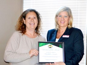 Marianne Matichuk, right, BPW Greater Sudbury president, presents Rachelle Niemela with a certificate for being BPW's Woman of the Month. Supplied photo
