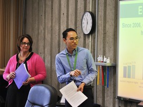 Karen Loney, health educator, and Stanley Ing, epidemiologist with the Chatham-Kent Public Health Unit, present a demographic snapshot to the Chatham-Kent Board of Health on Wednesday. (Tom Morrison/Chatham This Week)