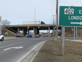 Repairs to the Highway 402 Front Street overpass are expected to begin in April and continue until late in the year. Work on the overpass, as well as the highway's Waterworks Road and Blackwell Sideroad underpasses, will lead to detours over the next few months. (Paul Morden/Sarnia Observer)