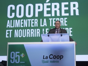 Ghislain Gervais, president of La Coop fédérée, speaks to members and guests at the 95th General Annual Meeting of La Coop fédérée, Thursday, February 23 2017, in Quebec City. (CNW Group/La Coop fédérée)