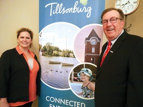 Lindsay Tribble, president of the Tillsonburg District Chamber of Commerce, with Tillsonburg Mayor Stephen Molnar at the Chamber's annual Breakfast with the Mayor on Tuesday. (CHRIS ABBOTT/TILLSONBURG NEWS)