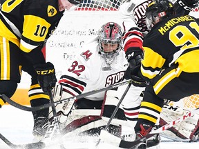 Only one goalie played in more OHL games this season than Belleville native Anthony Popovich of the Guelph Storm. (Aaron Bell/OHL Images)