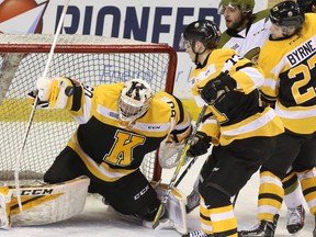 Kingston Frontenacs goaltender Jeremy Helvig makes a blocker save during Ontario Hockey League regular season action last Friday against the North Bay Battalion at the Rogers K-Rock Centre. The teams meet for Game 1 of their Eastern Conference quarter-final Friday night at the K-Rock Centre. (Elliot Ferguson/The Whig-Standard)