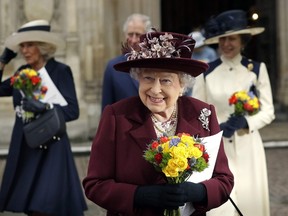 Britain's Queen Elizabeth II smiles as she leaves after attending a Commonwealth Day Service at Westminster Abbey in central London, on March 12, 2018. Britain's Queen Elizabeth II has been the Head of the Commonwealth throughout her reign. Organised by the Royal Commonwealth Society, the Service is the largest annual inter-faith gathering in the United Kingdom. KIRSTY WIGGLESWORTHKIRSTY WIGGLESWORTH/AFP/Getty Images