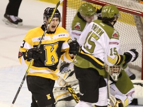 Elliot Ferguson/The Whig-Standard
Kingston Frontenacs Gabe Vilardi celebrates following a goal during regular season Ontario Hockey League action against the North Bay Battalion at the Rogers K-Rock Centre.