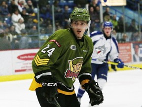 Hanmer native Brad Chenier, of the North Bay Battalion, plays in Sudbury, Ont. on Friday December 2, 2016. John Lappa/Sudbury Star/Postmedia Network