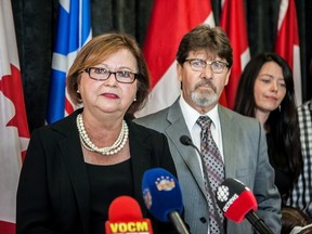 File photo/Canadian Press
Judy Foote is shown addressing a news conference in St.John's, N.L in 2017 as her husband Howard looks on. Foote, who attended Lambton College in the late 1970s, has been named lieutenant-governor of Newfoundland and Labrador.