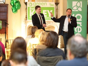 Ontario Green party leader Mike Schreiner, right, cohosted a town hall event on Sunday with Kingston and the Islands Green party MPP candidate Robert Kiley to answer questions from Kingston residents curious about the Green party’s political platform. (Meghan Balogh/The Whig-Standard)