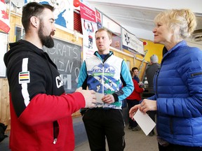 Para nordic skier Collin Cameron chats with well wishers at a reception in Sudbury, Ont. on Sunday March 25, 2018. The Laurentian Nordic Ski Club held a welcome home reception for the skier who won 3 bronze medals at the Pyeongchang Winter Paralympic Games.Gino Donato/Sudbury Star/Postmedia Network
