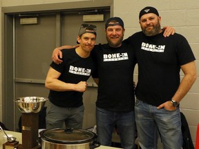 The team from Bone-In Catering were one of 20 at the fourth annual chili cook off in Norwich, Ont. on Saturday March 24, 2018 at the Norwich Community Centre hosted by the Norwich Optimist. The event had 20 teams and more than 200 silent auction items.

From left: Bryan Phillips, Matt Taylor and Curtis DePlaneke.

Greg Colgan/Woodstock Sentinel-Review/Postmedia Network