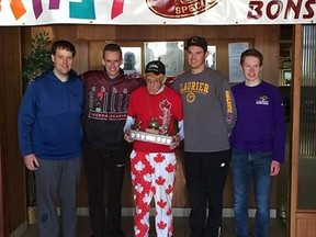 Submitted photo: The winning team of the 41st Crazy Legs Bonspiel held at the Sydenham Community Curling Club is, from left to right, Ryan Jacques, Aiden Poole, host Ken 'Crazy Legs' Murphy, Greg Houston and Oliver Campbell.