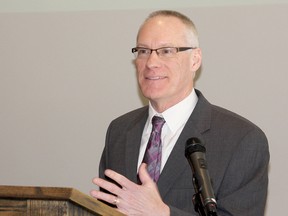 Journalist and author Patrick Meagher speaks to the Seed Corn Growers of Ontario at Deer Run Golf Course outside of Blenheim on March 12. He touched on how the media got the U.S. election wrong in 2016. (Trevor Terfloth/Postmedia Network)