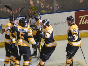 Kingston Frontenacs players celebrate Linus Nyman’s second goal of the game against the North Bay Battalion during the first period of Ontario Hockey League Eastern Conference quarter-final action at the Rogers K-Rock Centre on Sunday. Kingston won the game, 4-3. (JULIA MCKAY/The Whig-Standard)
