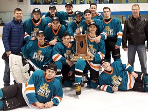 Lehder Environmental is the 2017-18 Tier 1 midget house-league champion in the Sarnia Hockey Association. The team members are, front row, left: Ian Bailey and Logan Tardif. Second row: Nick Budden, Vincent Lavoie and Tyler Kapteyn. Third row: Collin Zimmer, Jackson Burrowes, Craig Vanderlaan, Matthew Dunn and coach Randy Wilson. Back row: trainer Lauren Vanderlaan, Jacob Wilson, Zach Turner, Jacob Cunningham and Connor Post. (Contributed Photo)