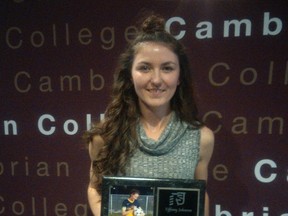 Soccer player Tiffany Johnson receives Special Recognition Award at Cambrian Athletics banquet. Photo supplied