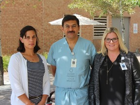 Dr. Mikelle Bryson-Campbell, left, Dr. Rajeev Suryavanshi, and Bluewater Health patient navigator Sarah Canning have authored a study recently published by the Journal of Medical Imaging and Radiation Sciences. Their study tested the effectiveness of a topical, anaesthetic cream to ease the pain of a biopsy procedure prior to breast cancer surgery. (Handout)