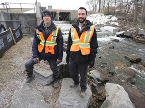 Shawn Fairbanks and Russell Wiginton stand downstream of the Sydenham Lake dam. They've slowed the flow of water into Millhaven Creek to begin raising the water levels at Sydenham Lake. (Meghan Balogh/The Whig-Standard)