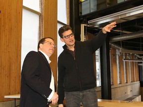 David Fortin, right, director of Laurentian University's McEwen School of Architecture, shows Mike Schreiner, leader of the Ontario Green Party, around the school during a tour of the facility in Sudbury on Tuesday. John Lappa/Sudbury Star/Postmedia Network