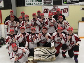 Pictured above is the Pee Wee AE team that won the Wee AE 4-5 OMHA championship.  In the back row from (l-r) are trainer Richard Haggitt, assistant coach Brian Richardson, head coach Lee Gibbings and assistant coach Greg Geoffrey. In the third row from (l-r) are Austin Durnin, Sam Kramer, Drew Glavin, Will Strang, Noah Haggitt, Porter Geoffrey and Brady Wareing. In the second row are Colin Gibbings, Stephen Baker, Cory Richardson, Jake Regier, Drew Gibbings and Michael Ducharme. Up front is goaltender James Craig.(Terry Heffernan/Exeter Lakeshore Times-Advance)