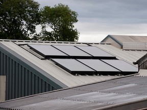 Solar panels on dairy roof which supply hot water to clean milking parlour. (Getty Images)