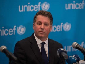 BRYAN R. SMITH/Getty Images
In this file photo taken on Sept. 6, 2016, UNICEF deputy executive director Justin Forsyth speaks during a UNICEF media briefing on the report "Uprooted: The Growing crisis for refugee and migrant children" at UNICEF House in New York. Forsyth resigned on Feb. 22, 2018, resigned from the UN children's agency following complaints of inappropriate behavior towards female staff in his previous post as head of British charity Save The Children.