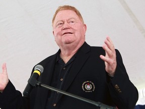 FILE - In this June 23, 2012, file photo, Rusty Staub speaks during his induction into the Canadian Baseball Hall of Fame in St. Marys, Ontario. Staub, an original member of the Montreal Expos and one of the team's first superstars, has died. He was 74. THE CANADIAN PRESS/Dave Chidley