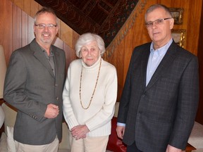 Ilse Elliott is shown with Brian Horner (left), staff advisor to the Huron Tract Land Trust Conservancy (HTLTC), and Roger Lewington (right), Chairman of the Land Trust Conservancy. Ilse, and her late husband William Elliott, have donated Woodburne Farm to the Land Trust and included a stewardship endowment fund to help conserve the property. The 67-acre farm between Bayfield and Goderich on the shores of Lake Huron will be protected for future generations thanks to the altruistic donation, leaving a lasting legacy and helping to protect a significant creek. (Contributed photo)