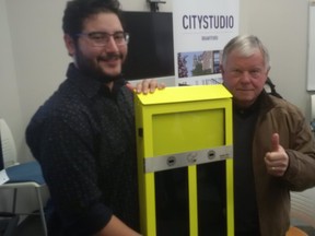 John Panesso Ramirez (left) of the CityStudio Brantford program and Ward 2 Coun. John Utley with the Ballot Bin at the launch of the program.
Vincent Ball/The Expositor