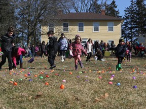 Five-year-old Maycee Biggar (centre) leads a pack of young children in search of Easter eggs at the annual Myrtleville House Museum Easter Egg Hunt on Saturday. More than 280 children participated in the event held under sunny skies. Families also had an opportunity to tour the grounds of the historic property. 
Vincent Ball/The Expositor