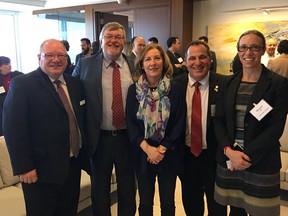 Mayor Brian Bigger, left, Vik Pikalnis, Kim Rudd, parliamentary secretary to the Minister of Natural Resources, Nickel Belt MP Marc Serre and Michelle Ash, chief innovation officer for Barrick Mining, attended the Prospectors and Developers Association of Canada conference. (Photo supplied)