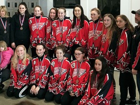 The Chatham Under-16 Thunder won bronze medals Western Region Ringette Association championships in Kitchener, Ont., on Saturday, March 31, 2018. The Thunder are, front row, left: Ireland DaSilva, Shelby Ritzer, Kaitlyn Sammon, Allison Newman, Maya Walters and Natalie Haggerty. Back row: assistant coach Margie VanOirschot, coach Kara Jenner, Emily Raaymakers, Emilie Newman, Alayna White, Emily Anderson, Alexa Arbour, Kaia Rivard, Julia Haggerty, assistant coach Mike Deneau and trainer Marg Raaymakers. (Contributed Photo)