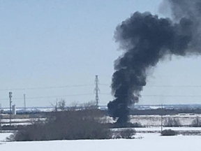 A man was airlifted to hospital with burns to his airway and burns to his head and hands after a fire tore through a shop near Fort Saskatchewan on Sunday, April 1.