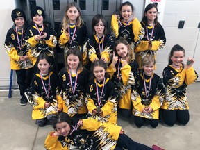 The Mitchell U9 ringette team capped an outstanding season with the gold medal of their Western Regional division this past weekend. Back row (left): Kate Nolan, Ava Mahon, Kayden Jordan, Lydia McLaughlin, Cambell Ward, Emma McCarthy. Middle row (left): Jayah Houghton, Brooke Nugent, Peyton Ward, Torie Czajkowski, Keira Watt, Sydnee Wilker. Laying down is goalie Cali Bambrough. SUBMITTED