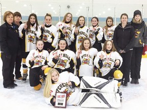 The Mitchell Pee Wee girls defeated Lucan to win their WOGHL league championship in three games. This week they are in search of the OWHA 'C' championship, too. Back row (left): Cheryl Matheson (coach), Kim Ruston (coach), Nicole Hahn, Jaelyn Meinen, Brett Gethke, Meg Schoonderwoerd, Alexis Insley, Ally McMann, Ashley Matheson (coach), Erin Matheson (coach).  Second row (left): Lauren McKay, Kalea Keyser, Jordyn Crawford, Cydney Weir. Front row is goalie Shawni DeJong. SUBMITTED