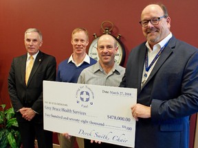 Owen Sound Regional Hospital Foundation Investment Committee members Jeremy Wentworth-Stanley, left, Chris Frook, centre left and Foundation Chair, Derek Smith, centre right, present $478,000 to GBHS President & CEO Lance Thurston from the Foundation’s Caring for Tomorrow Endowment Fund for 2017. (Supplied photo)