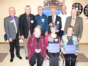 Back (L to R) Rotary District Governor Peter Neufeldt, Gordon Liddle, Don Meier, Ken Singer, Brian Cocks and Lionel Lavoie; front (L to R) Darlene Cocks, Mona Graham and Mary Lavoie at the Rotary Paul Harris Evening on Tuesday, March 27.