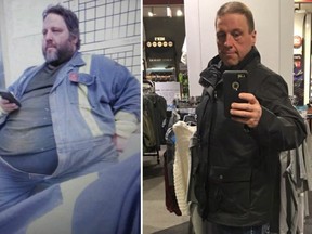 Tony Bussey is shown in this before and after photo that shows his weight loss in this handout combination photo. A Fort McMurray man is crediting the wildfire that devastated his Alberta city with saving his life by finally motivating him to lose more than half his body weight.Forty-three-year-old Tony Bussey, who works in the tire shop at Suncor's oilsands plant, weighed 567 pounds when the fires surrounded his workplace in 2016. THE CANADIAN PRESS/HO - Tony Bussey