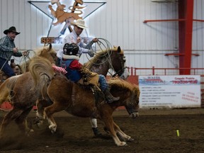 Photo courtesy of Nicky Rae Photography 
 Nine- year-old Pacen Hemingson of LaGlace takes a ride on DC, owned by Big D Buckers. Hemingson scored a 59 and won the Mini Buckers buckle in the 8-11 year-old age range at the Teepee Creek Junior Rodeo final at the Lyons Production Services Events Centre last Saturday.