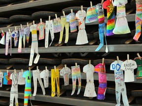 Paper cutouts of t-shirts, skirts and pants carry messages from local students about how they would address and prevent racism as part of the Laundry Project organized by the Métis Nation of Ontario. The cutouts hung in the Seven Generations event centre during the Standing Up to Racism conference held two weeks ago.
KATHLEEN CHARLEBOIS/DAILY MINER AND NEWS
