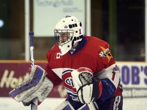 Rayside-Balfour Canadians goaltender Brayden Lachance competes against the Blind River Beavers in NOJHL West Division semifinal action at Chelmsford Arena on Friday, March 23, 2018. Lachance and his teammates take on the Soo Thunderbirds in Game 3 of the division final in Sault Ste. Marie on Wednesday. Ben Leeson/The Sudbury Star/Postmedia Network