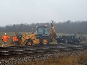 Vehicle destroyed by Via train after it was used to flee from police. Cris Vilela/For The Whig-Standard