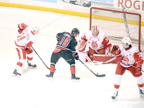 The Attack's Chase Campbell has a point-blank chance in the first-period of Owen Sound's 6-5 shootout victory over the Sault Ste. Marie Greyhounds on March 11 at the Harry Lumley Bayshore Community Centre. Greg Cowan/The Sun Times